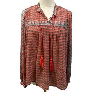Lucky Brand Boho Tassel Tie Peasant Blouse Coral Orange Geometric Print Small